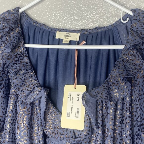 Entro Top Ladies Blue w/ Metallic Gold Leopard 3/4 Sleeves Ruffled V Neck - Picture 13 of 13